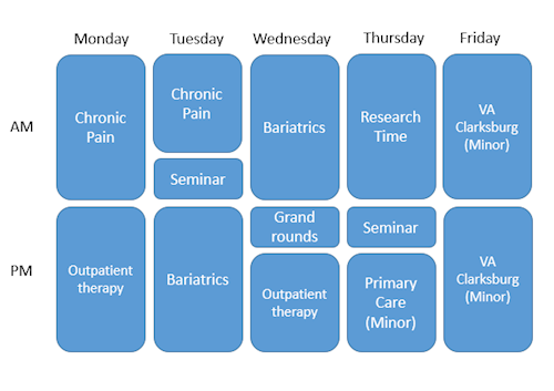 The above chart lines out a sample schedule for interns.