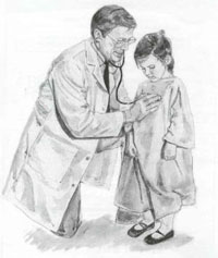 Dr. Neal and examining a young child with a stethoscope pencil and paper rendering
