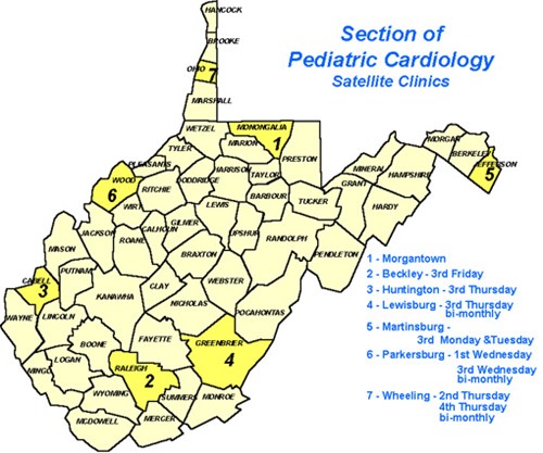Map of WV with highlighted cardiology satellight clinics