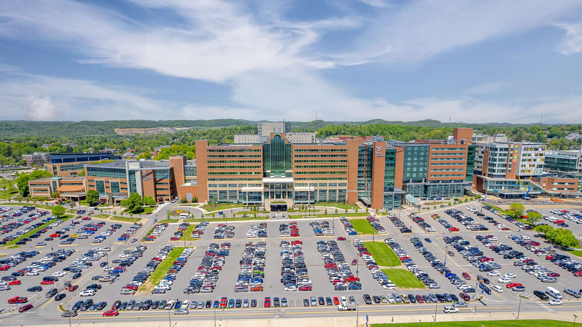 Aerial image of Ruby Memorial Hospital and parking lot