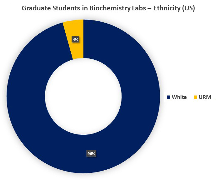 The graph above shows the percentage of students in Biochemistry labs by ethnicity. White students make up 96% whereas underrepresented minority (URM) students make up 4%