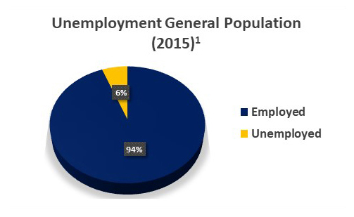 This graph in contrast to the first one, illustrates the Unemployment rate for the General Population, showing 94% employed vs. 6% unemployed