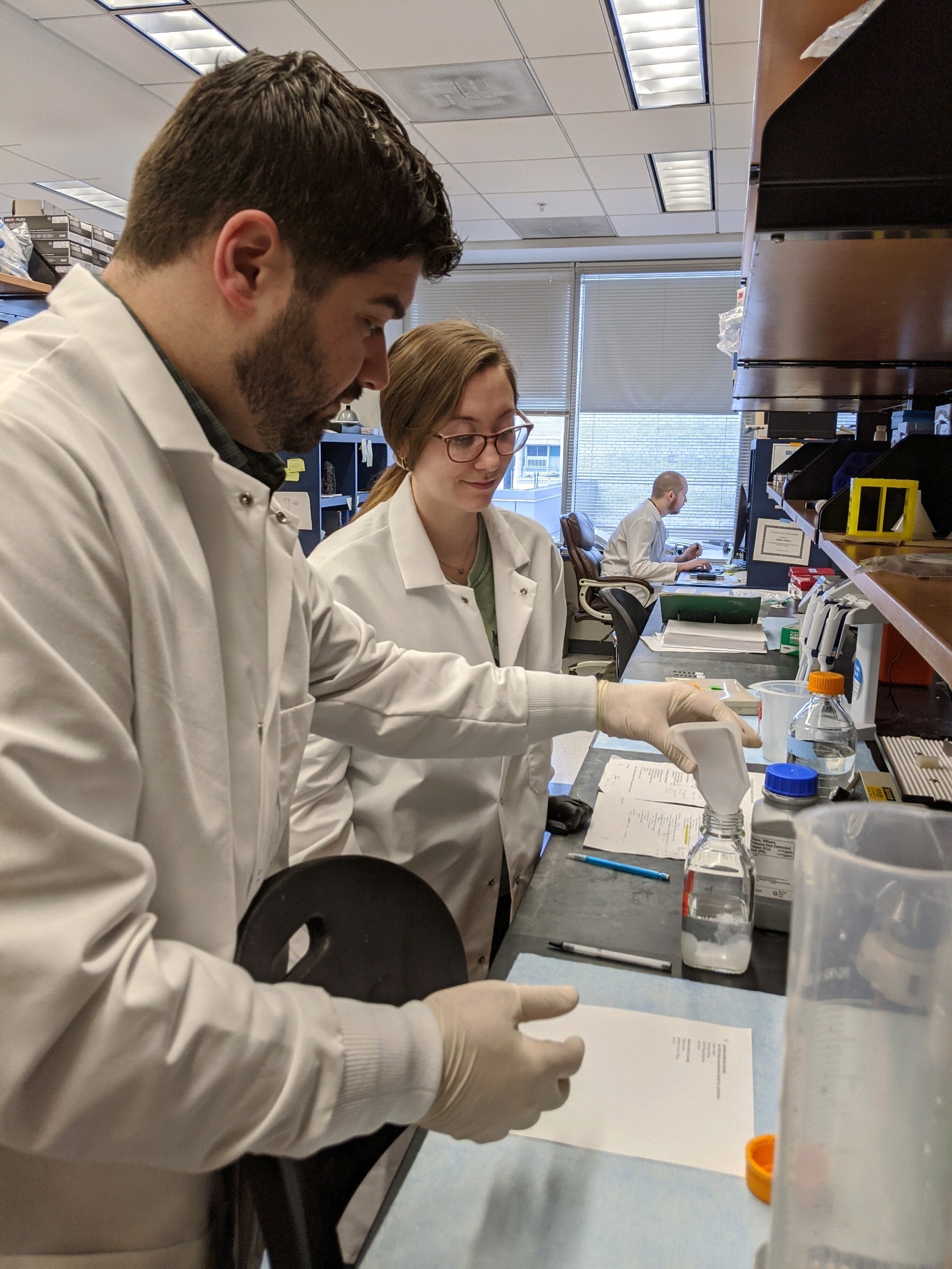 Students funneling a powder into a bottle in the lab