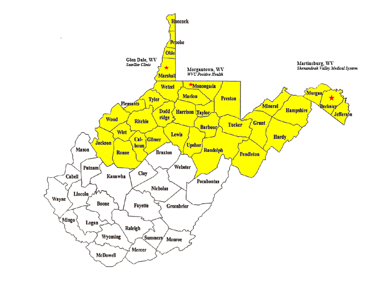 Map of West Virginia that shows the funded coverage areas for the clinic.