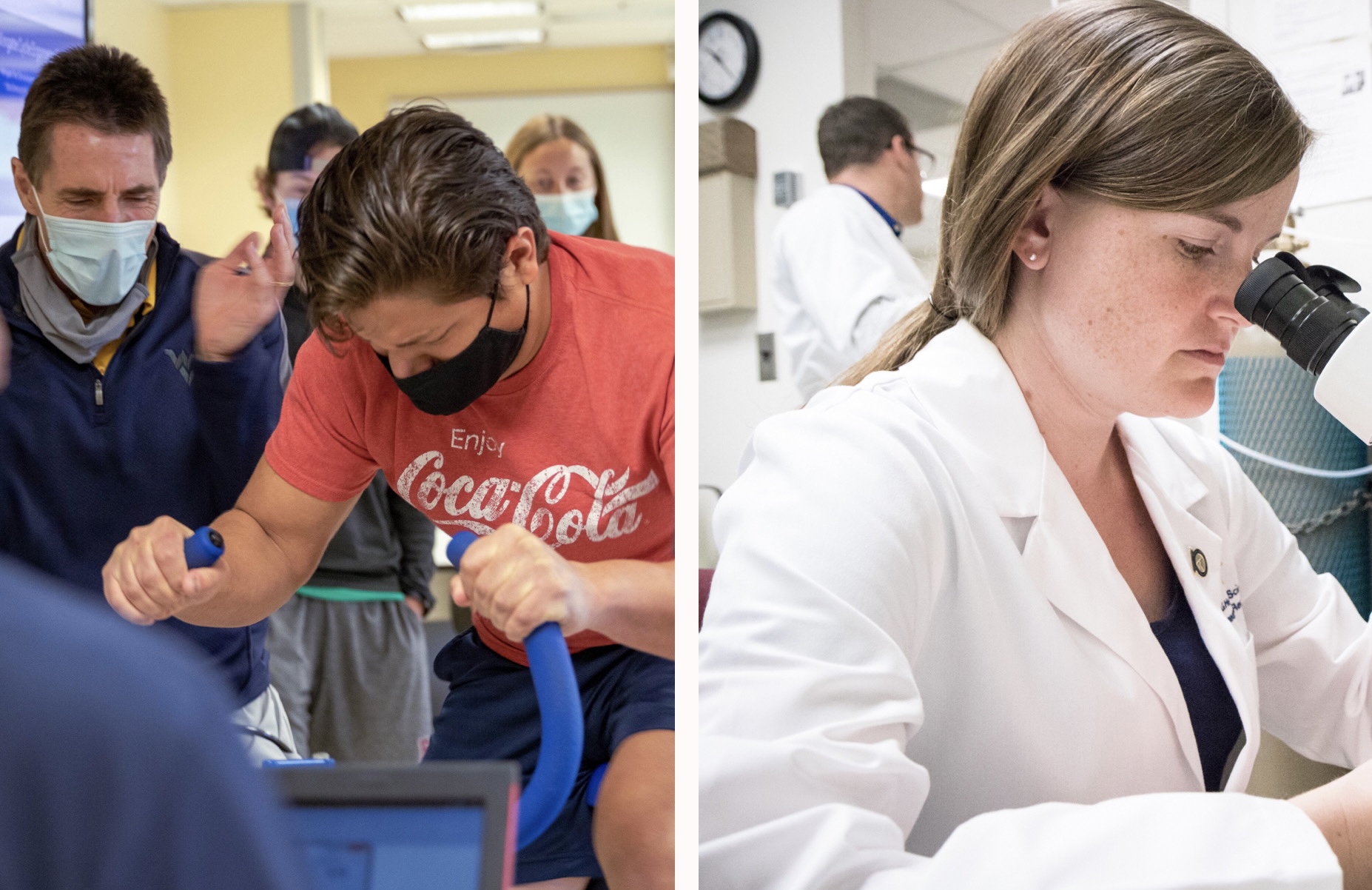 On left, student working on equipment in HPL with Daniel Bonner and students around him. On right, student working in research lab with Paul Chantler in background.