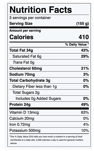 Walnut or Almond Encrusted Salmon Nutrition Label