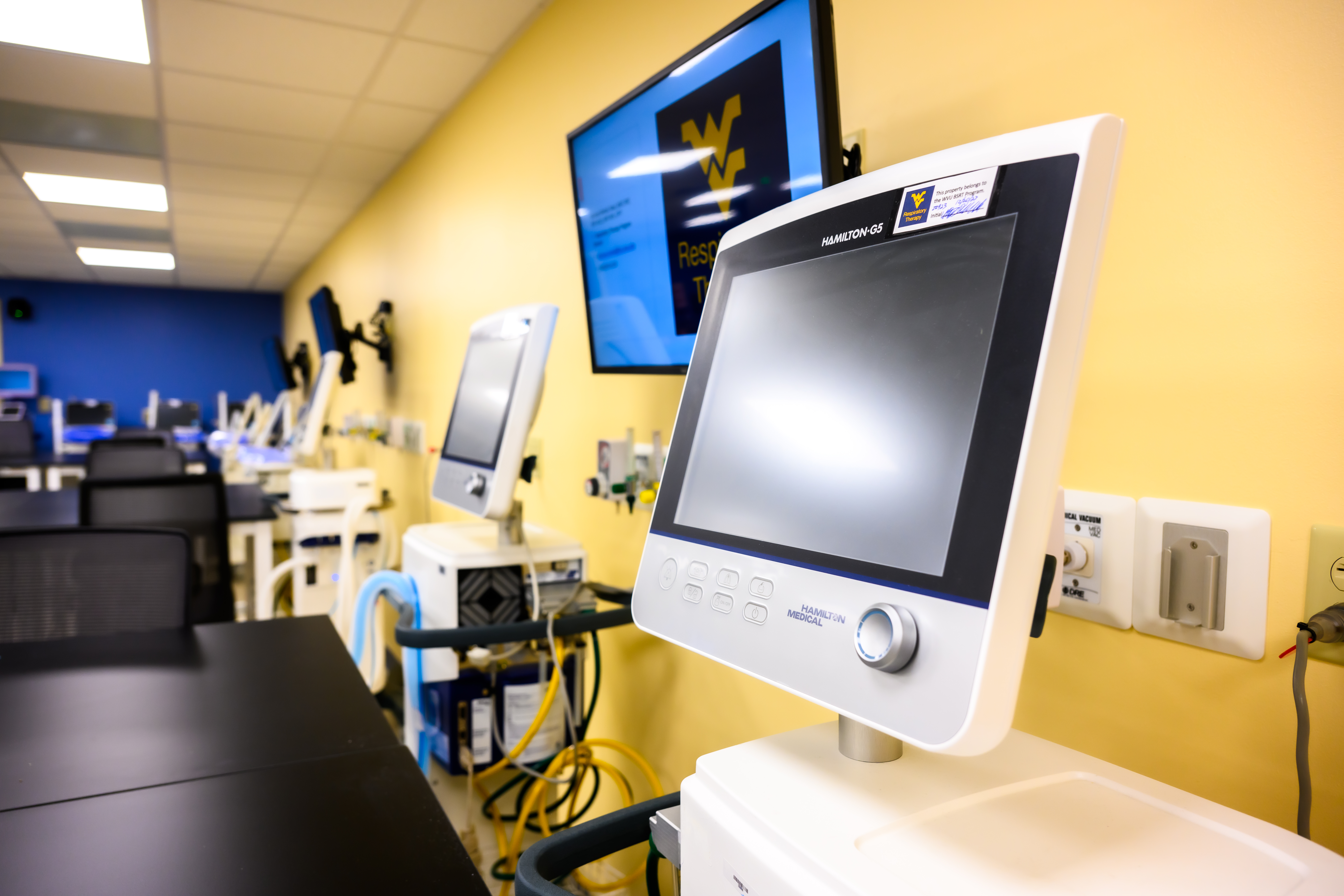 Close up of respirator and screen in respiratory therapy lab